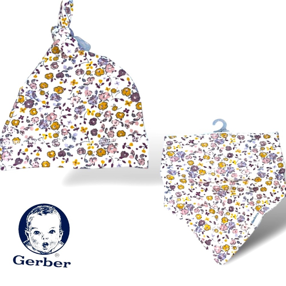 Modern Moments by Gerber Baby Girl bib and cap daisies floral newborn hat new